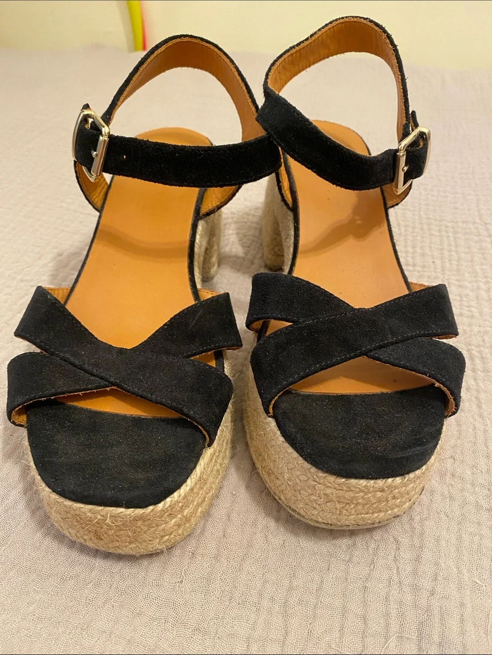 Sezane Black Suede Espadrille Platform Sandals - Women. Size 41